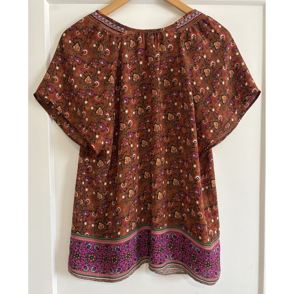 DR2 by Daniel Rainn Boho Floral Tassel Blouse M Short Sleeve Rust Pink Peasant - Picture 5 of 10